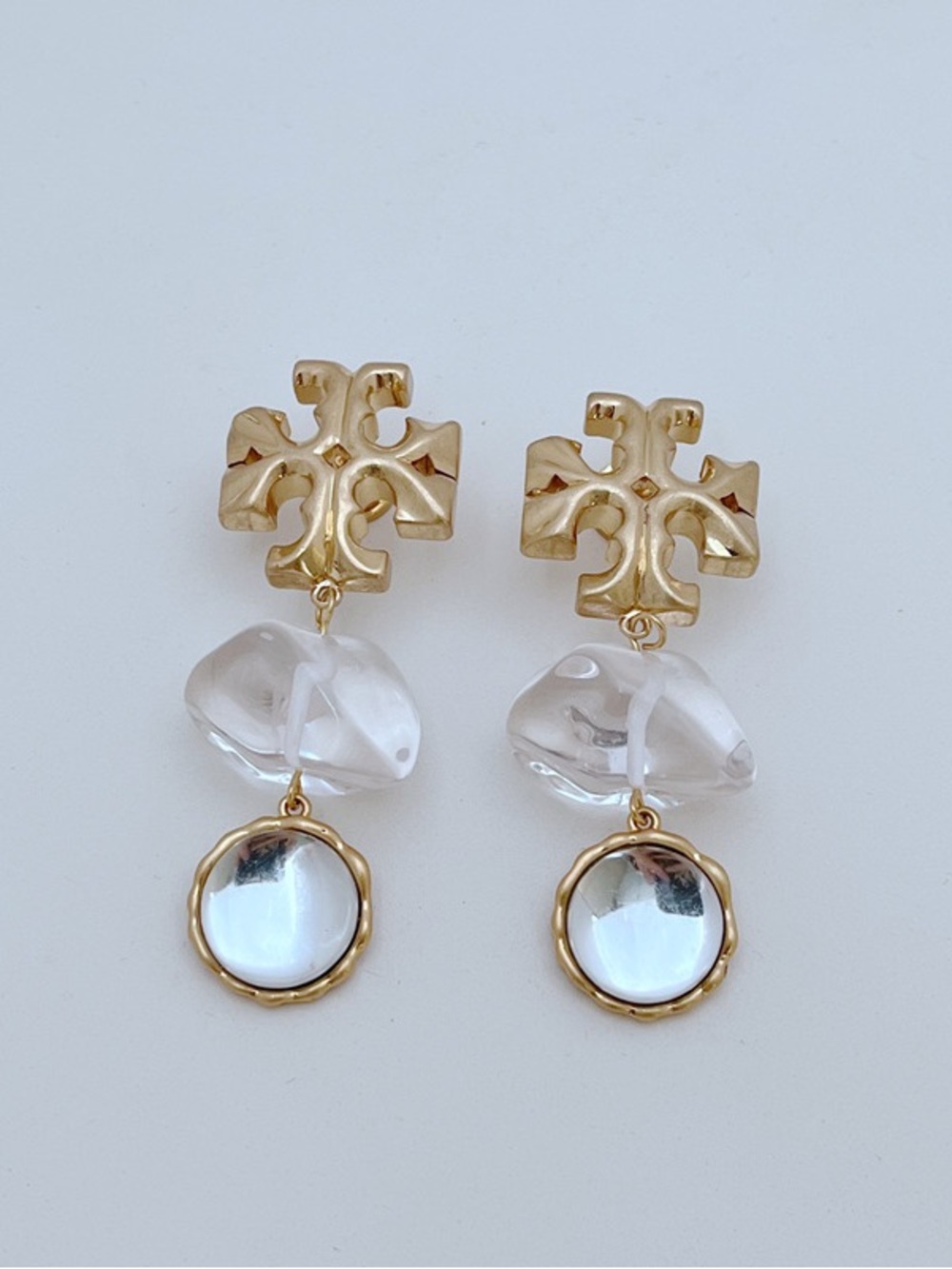 Tory Burch Gold-Tone Logo Drop Earrings with Clear Accents